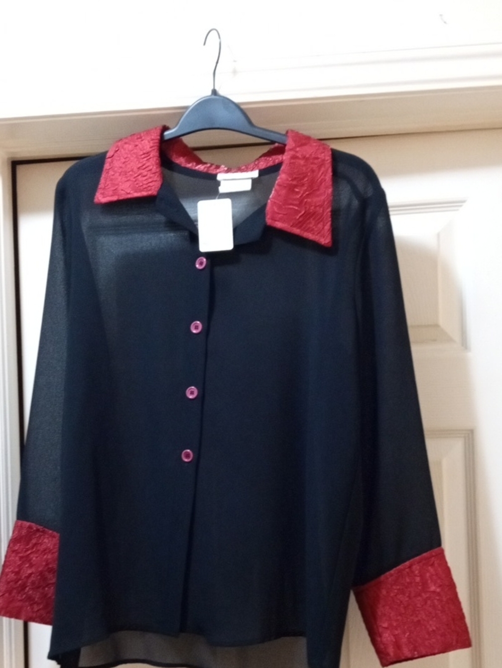 Black Sheer Button-Front Blouse with Textured Red Collar and Cuffs